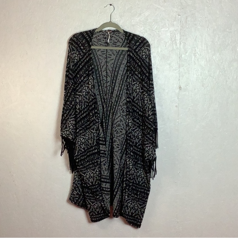 Black and grey tribal print Free People shawl with fringe detail